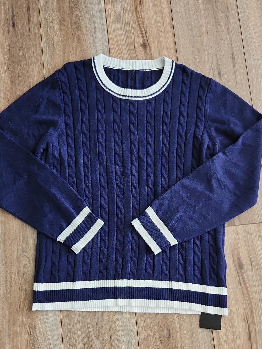 Rapbin Womens Navy Cable Knit Crewneck Sweater White Trim Sze XL Nautical Preppy